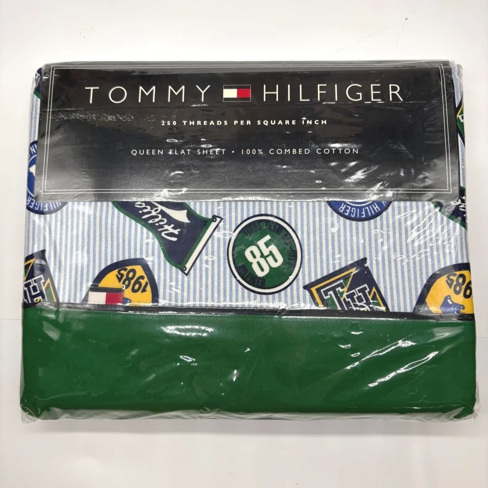 Tommy Hilfiger Chandler Queen Flat Sheet Vtg Collegiate Dorm College Crest New